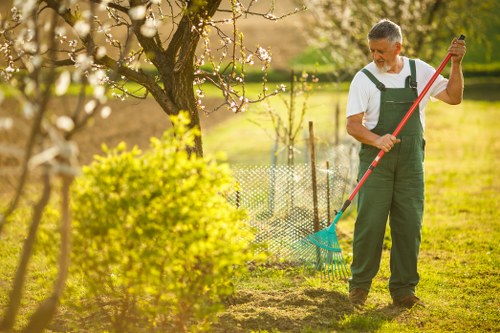 Hedge trimming in progress with safety equipment in a local garden